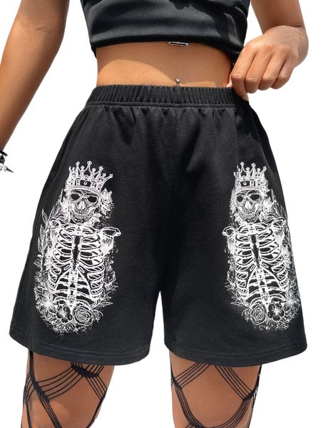 skeleton & floral print shorts f0fz#, White;black