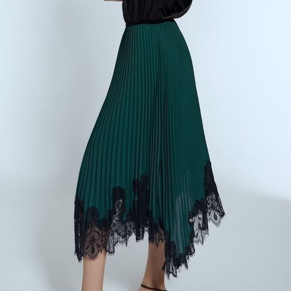 women long skirt autumn new fashion elastic waist black lace patchwork green chiffon color modern lady pleated skirts y200326
women long skirt autumn new fashion elastic waist black lace patchwork green chiffon color modern lady pleated skirts y200326