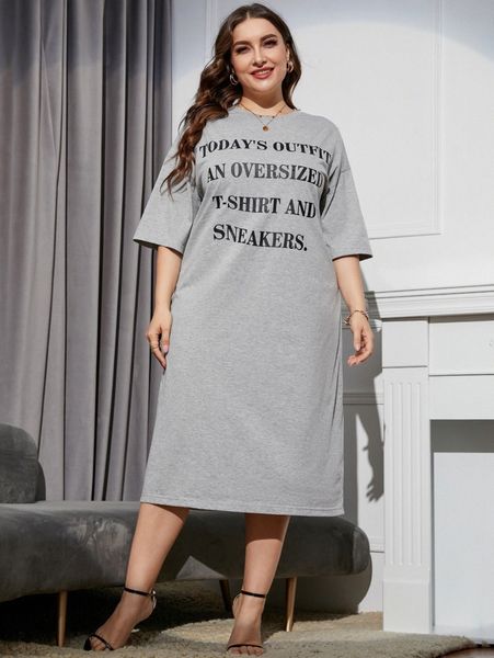 plus slogan graphic drop shoulder tee dress b60p#, Black