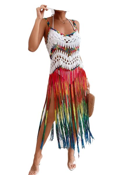 colorblock hollow out fringe hem cover up without bikini g7wi#, White;black 
colorblock hollow out fringe hem cover up without bikini g7wi#, White;black