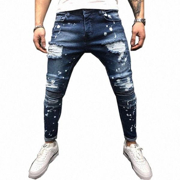 men fashion paint spot ripped pleated jeans personality style denim pants casual stretch small feet trousers men's f4dg#, Blue
men fashion paint spot ripped pleated jeans personality style denim pants casual stretch small feet trousers men's f4dg#, Blue