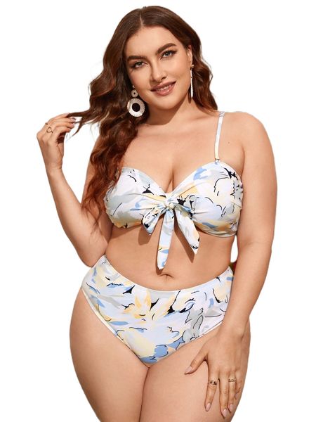 plus allover print knot front bikini swimsuit g755#, White;black
plus allover print knot front bikini swimsuit g755#, White;black