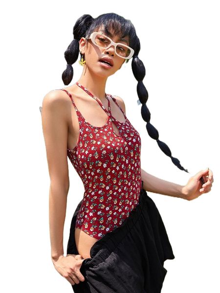 ditsy floral print tie back bodysuit w63l#, White