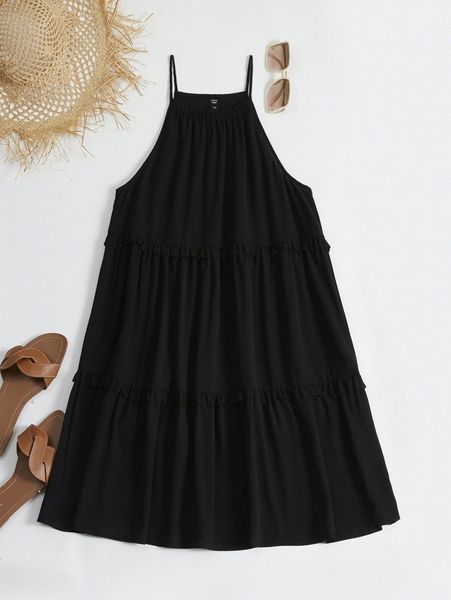 plus solid frill trim cami dress m31q#, Black