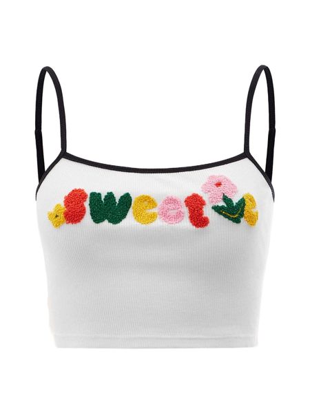 mod floral & letter embroidered contrast binding cami p9b1#, White
mod floral & letter embroidered contrast binding cami p9b1#, White
