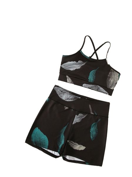 plus plants print criss cross back bra & shorts & tank sports set f4jy#, Black
plus plants print criss cross back bra & shorts & tank sports set f4jy#, Black