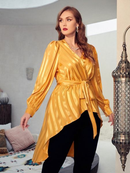 plus striped surplice neck belted high low e1gu#, Black 
plus striped surplice neck belted high low e1gu#, Black