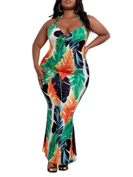 sxy plus tropical print draped mermaid hem tie backless halter dress 04u7#, Black
sxy plus tropical print draped mermaid hem tie backless halter dress 04u7#, Black