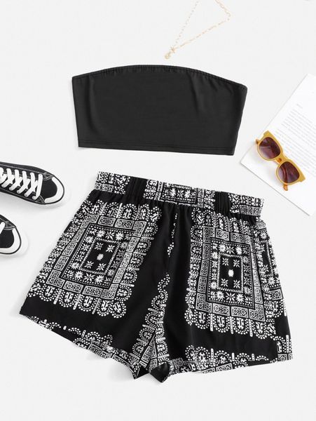 plus crop tube & scarf print shorts h98g#, Black