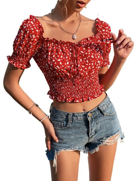 ditsy floral shirred frilled puff sleeve tie front blouse v4ky#, White
ditsy floral shirred frilled puff sleeve tie front blouse v4ky#, White