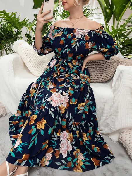 plus floral print shirred off shoulder puff sleeve ruffle hem dress a3zc#, Black