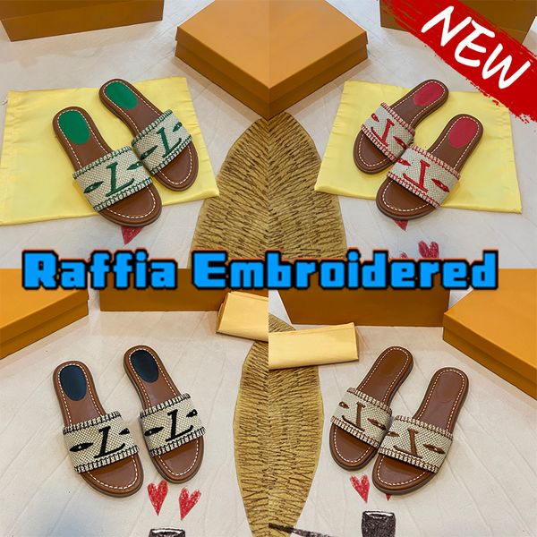 new raffia embroidered flat mules slipper designer slides luxury sandals women slippers pine green fuchsia pink beach sandal indoor outdoor, Black
new raffia embroidered flat mules slipper designer slides luxury sandals women slippers pine green fuchsia pink beach sandal indoor outdoor, Black