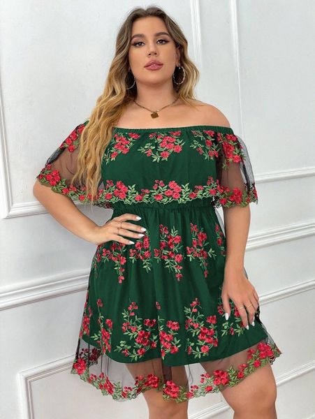 plus off shoulder floral embroidery mesh dress 601a#, Black 
plus off shoulder floral embroidery mesh dress 601a#, Black