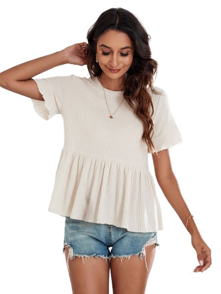waffle knit flounce sleeve peplum tee z9zc#, White