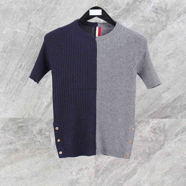 spring summer tb round neck short sleeve back color matching red white blue stripe gold button knitted short sleeve t shirt women classic de
spring summer tb round neck short sleeve back color matching red white blue stripe gold button knitted short sleeve t shirt women classic de