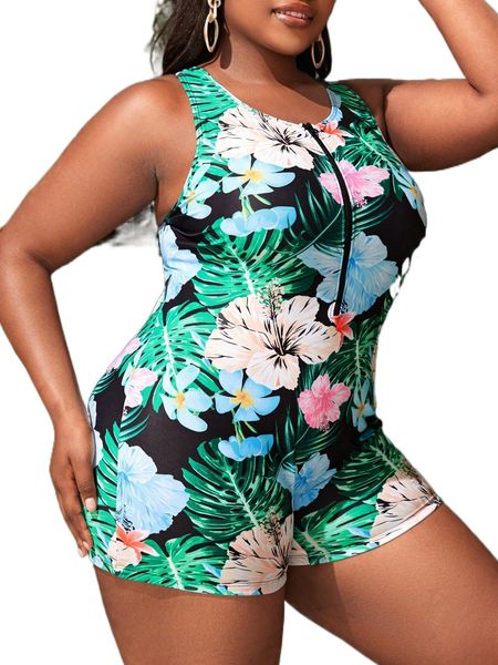 plus tropical print zip front one piece swimsuit 36qc#, White;black
plus tropical print zip front one piece swimsuit 36qc#, White;black