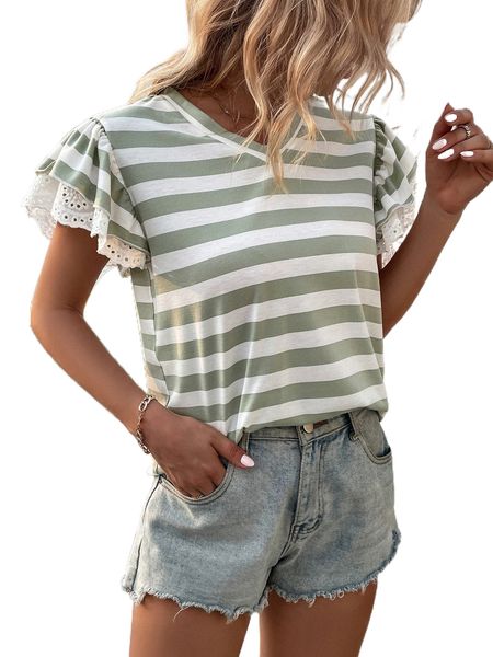striped contrast eyelet embroidery butterfly sleeve tee w1ni#, White
striped contrast eyelet embroidery butterfly sleeve tee w1ni#, White