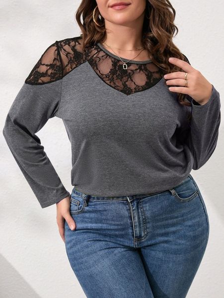 plus contrast lace tee 89qo#, Black 
plus contrast lace tee 89qo#, Black