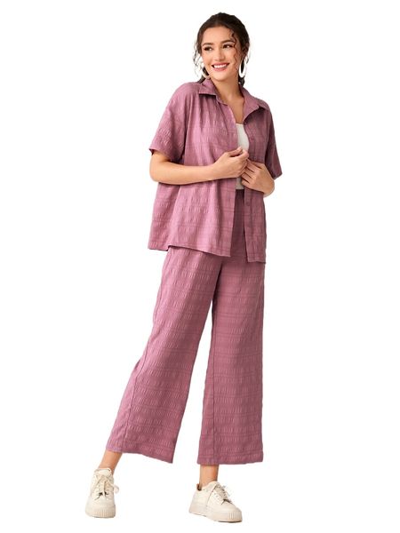 drop shoulder blouse & wide leg pants 56es#, White