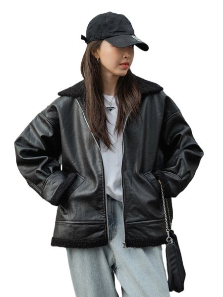 dazy pu leather pocket detail zip front coat o0vl#, Black 
dazy pu leather pocket detail zip front coat o0vl#, Black