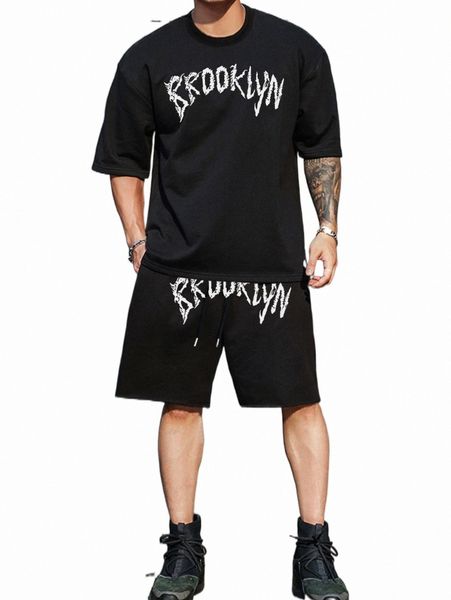men letter graphic tee & drawstring waist shorts f8x3#, Gray