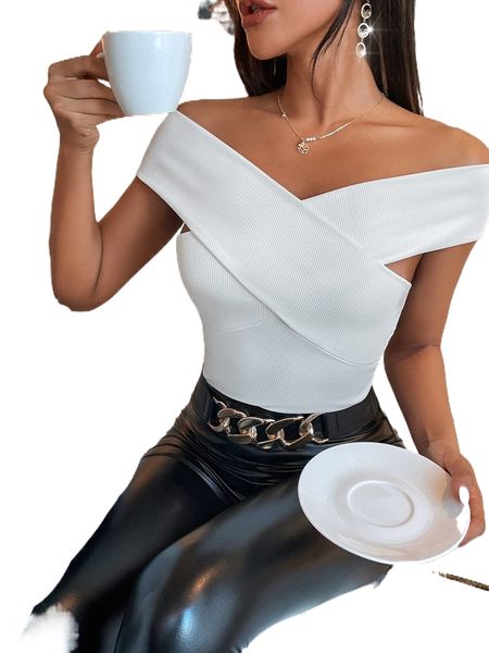 ribbed knit bardot crossover r5mk#, White 
ribbed knit bardot crossover r5mk#, White