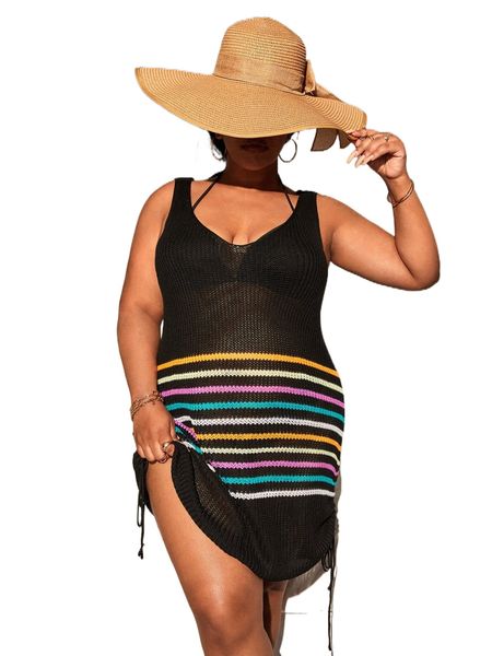 plus colorful striped pattern drawstring side backless cover up t3df#, Black 
plus colorful striped pattern drawstring side backless cover up t3df#, Black