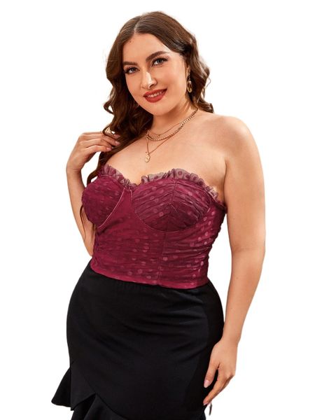plus frill trim shirred back dobby mesh tube 37ja#, Black