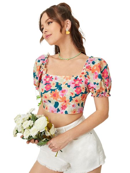floral print puff sleeve tie backless s63q#, White
floral print puff sleeve tie backless s63q#, White