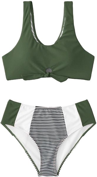 women's colorblock striped knot hem wireless swimsuit high waisted bikini set d7br#, White;black
women's colorblock striped knot hem wireless swimsuit high waisted bikini set d7br#, White;black