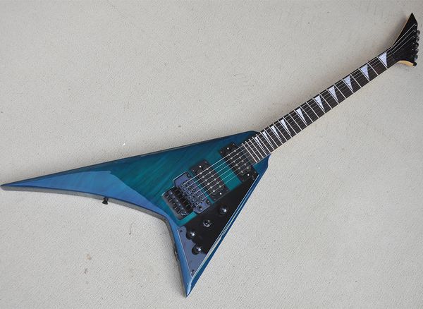 transparent blue v electric guitar with rosewood fretboard