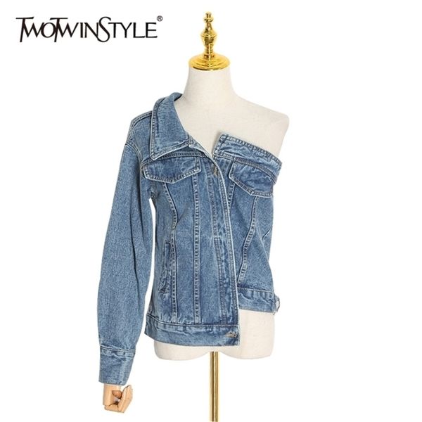 twotwinstyle asymmetrical jacket one shoulder long sleeve lapel collar irregular hem coat for women spring fashion new y201012, Black;brown
twotwinstyle asymmetrical jacket one shoulder long sleeve lapel collar irregular hem coat for women spring fashion new y201012, Black;brown