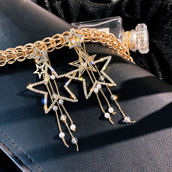 925 silver needle net red tide asymmetric pentagram tassel eardrops elegant pearl earrings female shiny diamond-encrusted earrings, Golden
925 silver needle net red tide asymmetric pentagram tassel eardrops elegant pearl earrings female shiny diamond-encrusted earrings, Golden