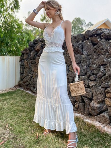 eilly bazar guipure lace panel lace up backless ruffle hem cami dress d7mt#, Black;gray
eilly bazar guipure lace panel lace up backless ruffle hem cami dress d7mt#, Black;gray