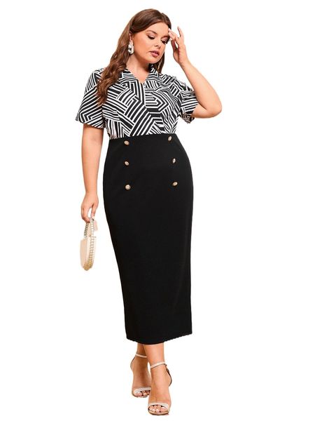 plus geo print fake buttons split dress 96wn#, Black
plus geo print fake buttons split dress 96wn#, Black