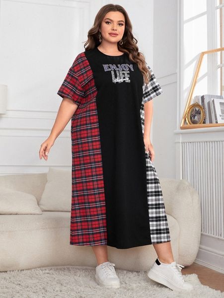 plus plaid & slogan graphic drop shoulder tunic dress d2d4#, Black 
plus plaid & slogan graphic drop shoulder tunic dress d2d4#, Black