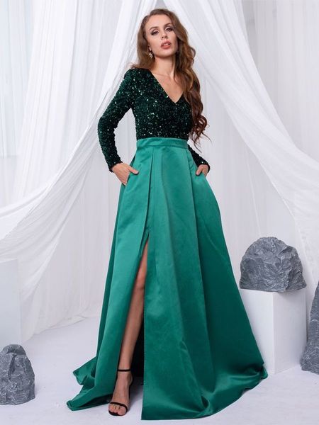long sleeve v neck stretch sparkle sequin floor length party dress slit patchwork ball gown with porckets 220721, Black;gray
long sleeve v neck stretch sparkle sequin floor length party dress slit patchwork ball gown with porckets 220721, Black;gray