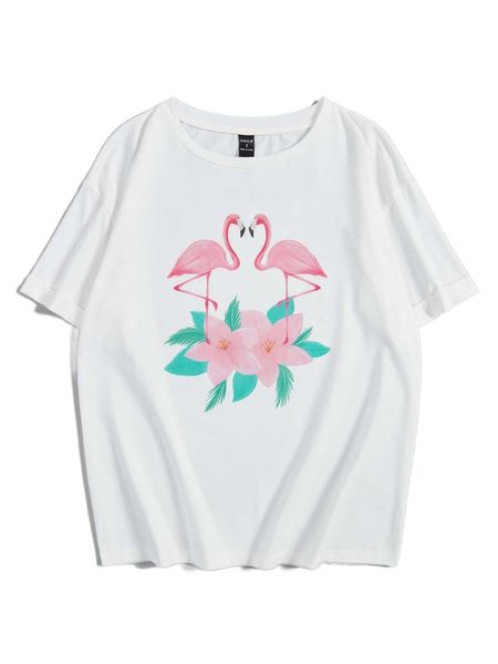x beach life studio art floral & flamingo print tee v3d9#, White
x beach life studio art floral & flamingo print tee v3d9#, White