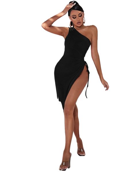 sxy one shoulder drawstring knot side split thigh dress l0gm#, Black;gray