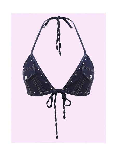 rhinestone detail flap pocket backless knot crop halter d29v#, White