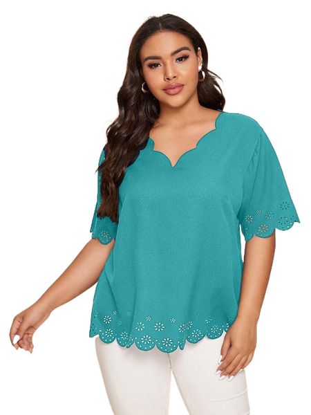 plus laser cut scallop trim blouse k41t#, Black
