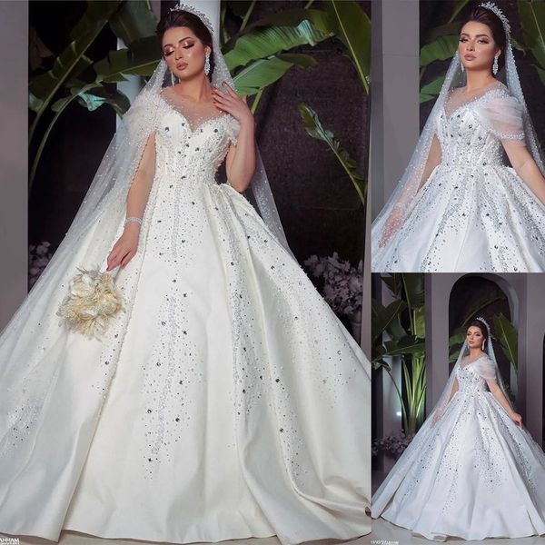 exquisite beads crystal wedding dresses ball gown scoop neck cap sleeve floor length arabic bridal dress custom made, White
exquisite beads crystal wedding dresses ball gown scoop neck cap sleeve floor length arabic bridal dress custom made, White