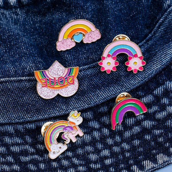 creative cartoon rainbow brooches set 5pcs gold plated enamel paint badges for girls alloy lapel pin denim shirt punk jewelry gift bag hat a, Gray