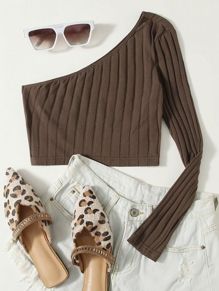 one shoulder rib-knit crop s8v6#, White