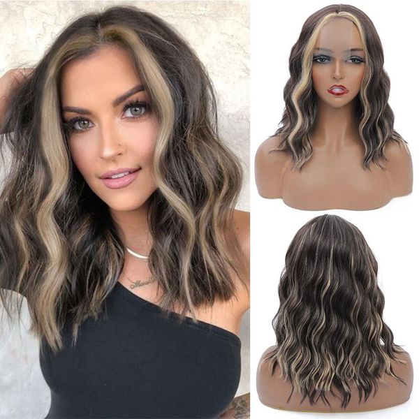 fashion lace front short wave highlighted bob shoulder length hair wig for women high temperature synthetic wavy hair wig, Black 
fashion lace front short wave highlighted bob shoulder length hair wig for women high temperature synthetic wavy hair wig, Black