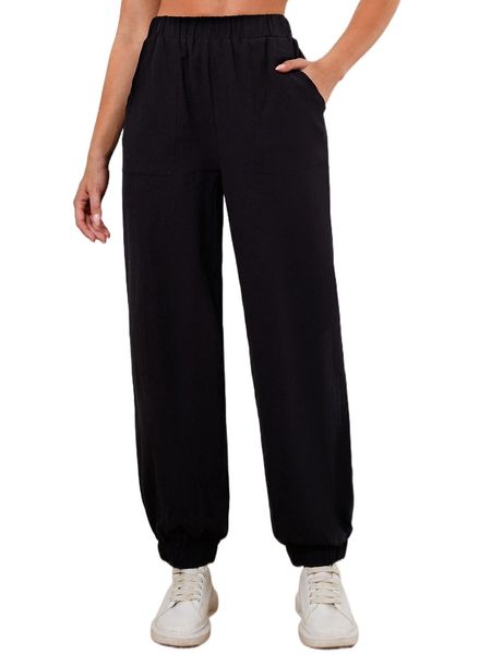 elastic waist slant pocket tapered pants j0cb#, Black;white