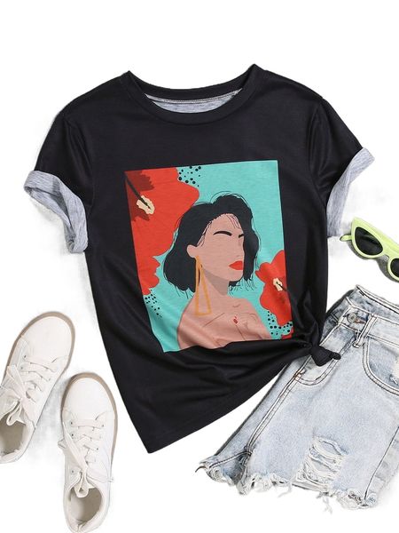 floral & figure graphic tee 96bl#, White