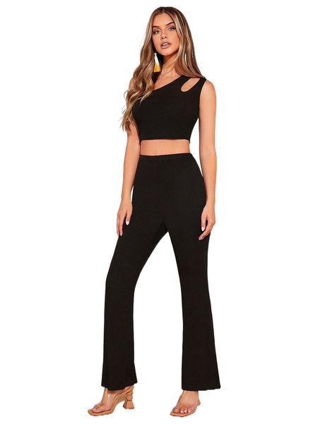 one shoulder cut out crop & flare leg pants r5uw#, White
one shoulder cut out crop & flare leg pants r5uw#, White