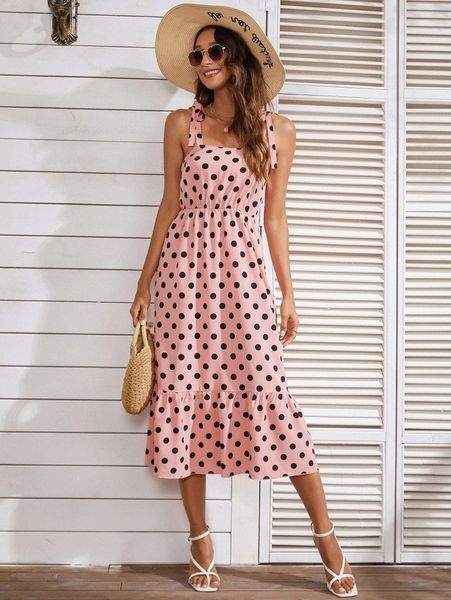 polka dot print tie shoulder ruffle hem cami dress f0ik#, Black;gray