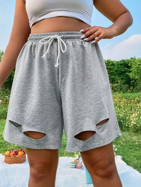 plus ripped drawstring waist shorts b0wp#, Black